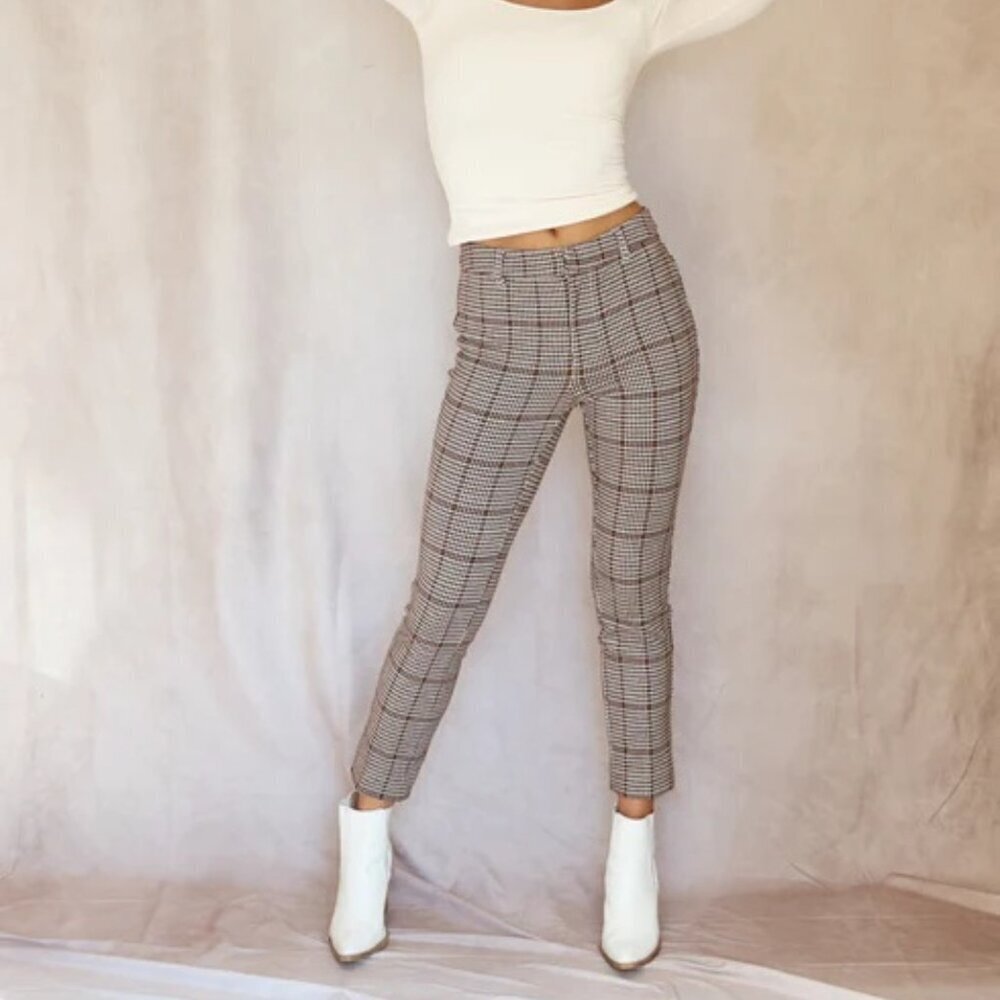 Free People Women's Checkered Molly Plain Slim Pant Neutral Combo Size 4